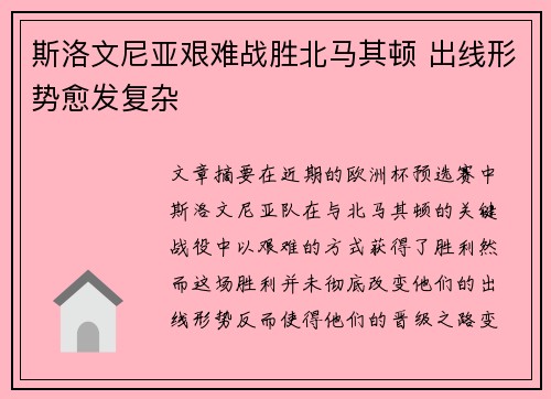 斯洛文尼亚艰难战胜北马其顿 出线形势愈发复杂