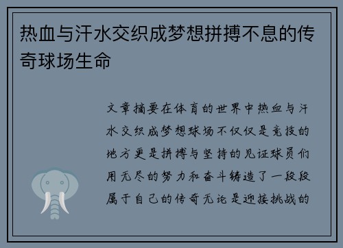 热血与汗水交织成梦想拼搏不息的传奇球场生命