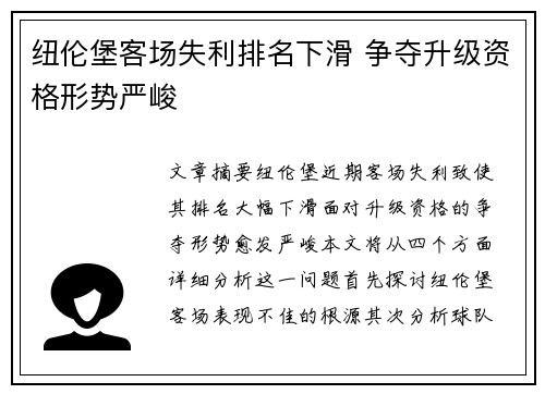 纽伦堡客场失利排名下滑 争夺升级资格形势严峻
