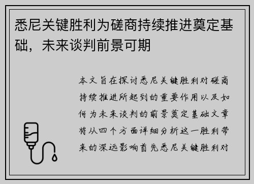 悉尼关键胜利为磋商持续推进奠定基础，未来谈判前景可期
