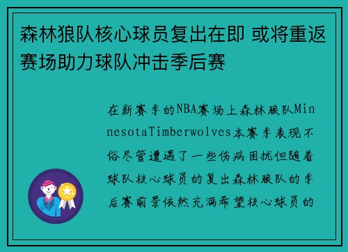 森林狼队核心球员复出在即 或将重返赛场助力球队冲击季后赛